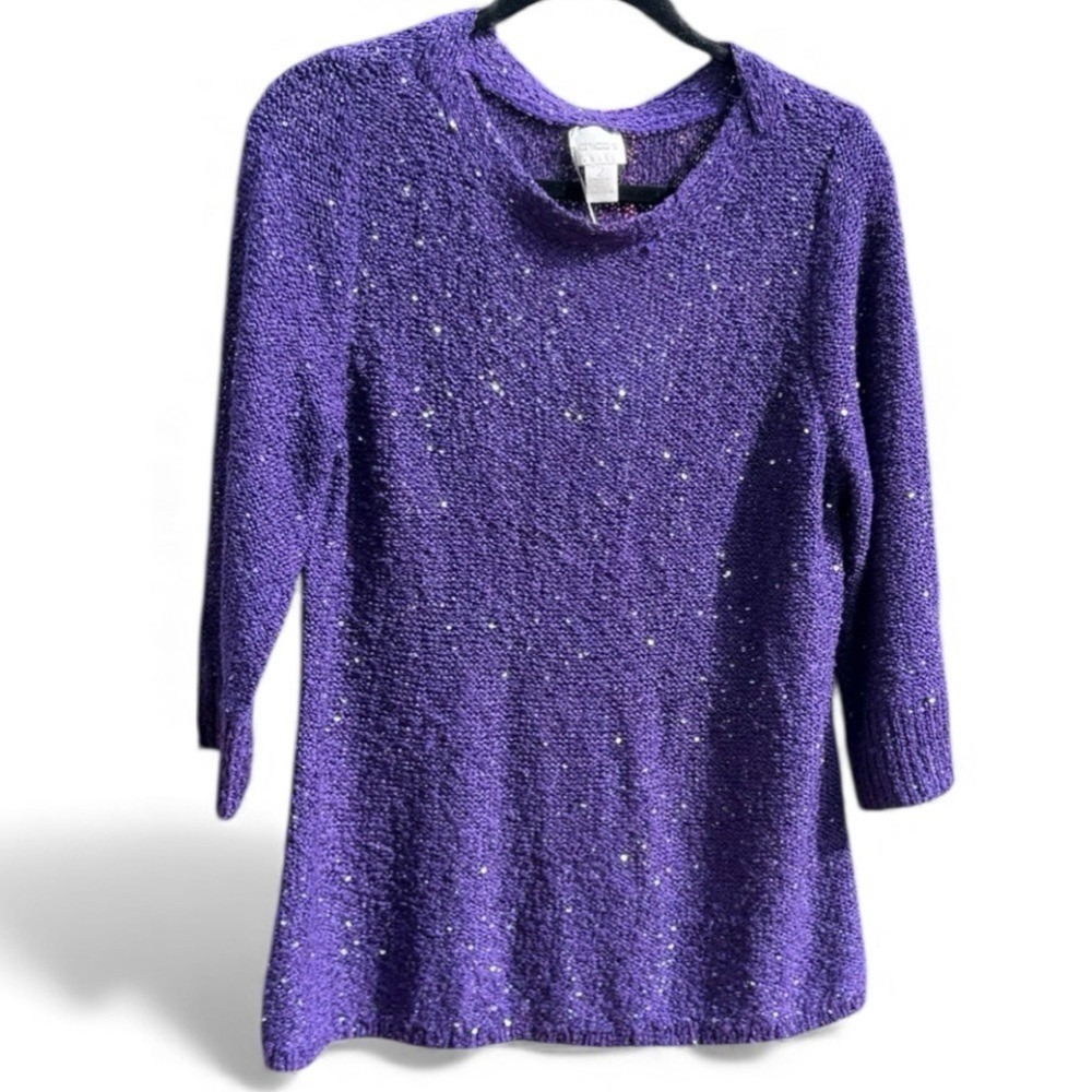 Chicos Purple Sequin Knit Sweater Womens Size L Metallic Sparkle 3/4 Sleeve Top